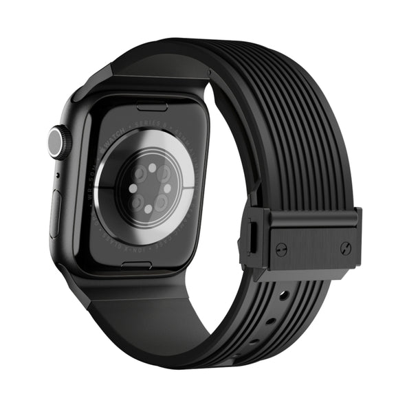For Apple Watch Series 10 46mm Vertical Texture Black Buckle Elastic Silicone Watch Band(Black)
