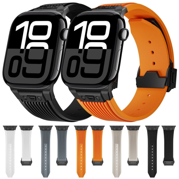 For Apple Watch Series 10 46mm Vertical Texture Black Buckle Elastic Silicone Watch Band(Black)