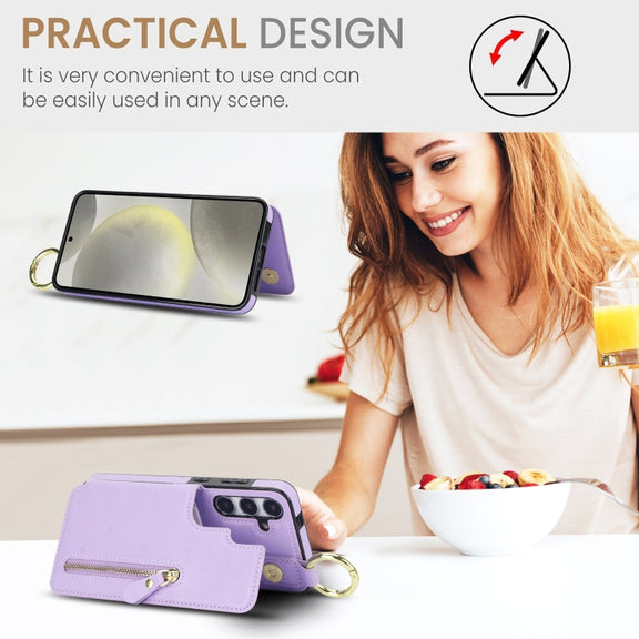 For Samsung Galaxy S24 5G Litchi Texture Zipper Double Buckle Card Bag Phone Case(Purple)
