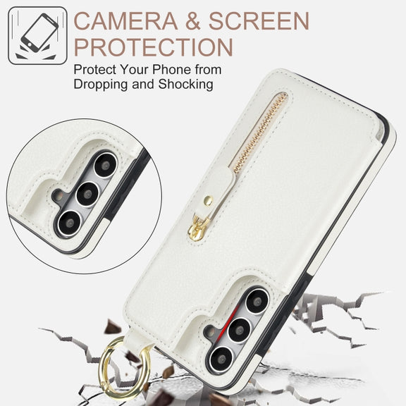 For Samsung Galaxy S24 5G Litchi Texture Zipper Double Buckle Card Bag Phone Case(White)
