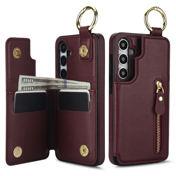 For Samsung Galaxy S24+ 5G Litchi Texture Zipper Double Buckle Card Bag Phone Case(Maroon Red)