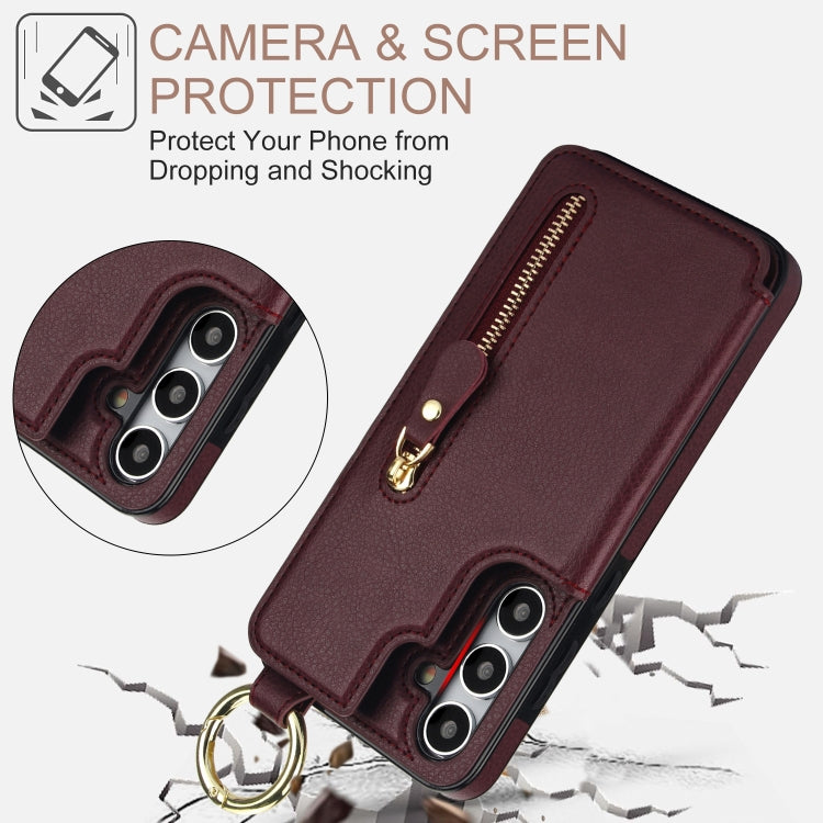 For Samsung Galaxy S24+ 5G Litchi Texture Zipper Double Buckle Card Bag Phone Case(Maroon Red)