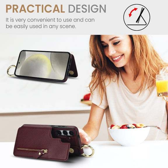 For Samsung Galaxy S24+ 5G Litchi Texture Zipper Double Buckle Card Bag Phone Case(Maroon Red)