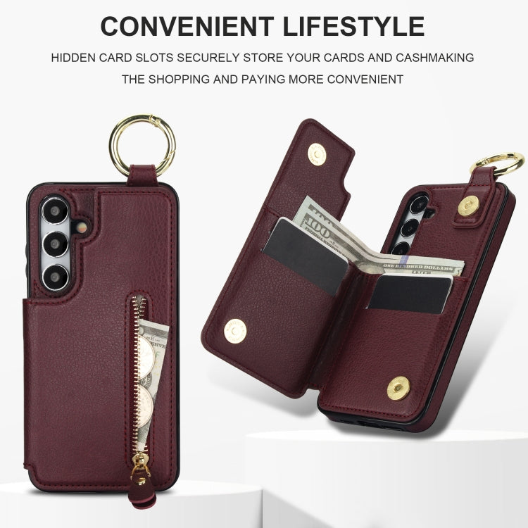 For Samsung Galaxy S24+ 5G Litchi Texture Zipper Double Buckle Card Bag Phone Case(Maroon Red)