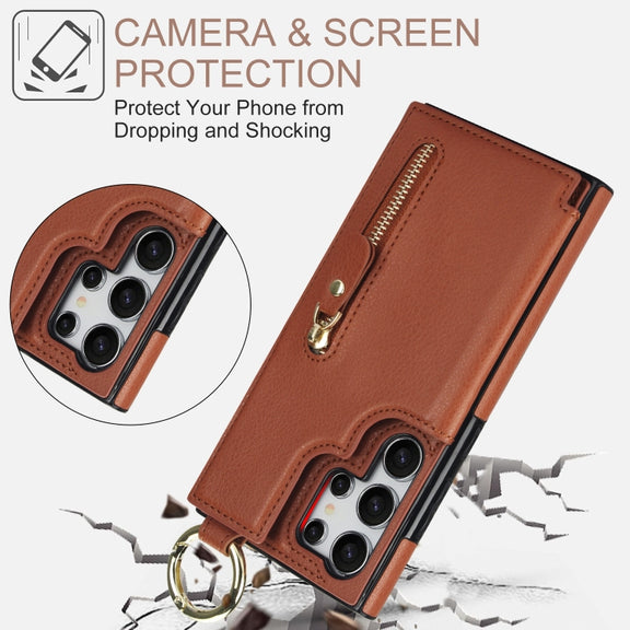 For Samsung Galaxy S24 Ultra 5G Litchi Texture Zipper Double Buckle Card Bag Phone Case(Brown)