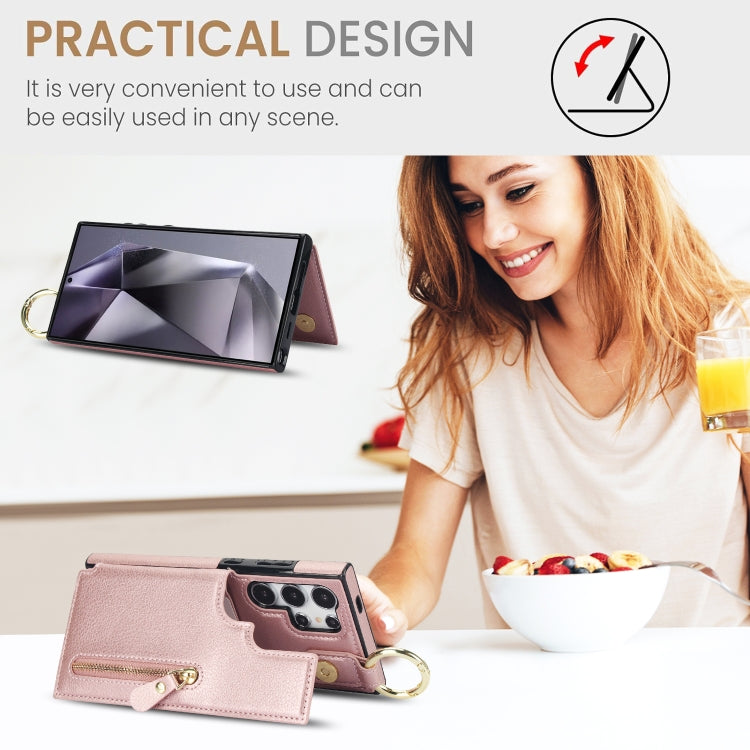 For Samsung Galaxy S24 Ultra 5G Litchi Texture Zipper Double Buckle Card Bag Phone Case(Rose Gold)
