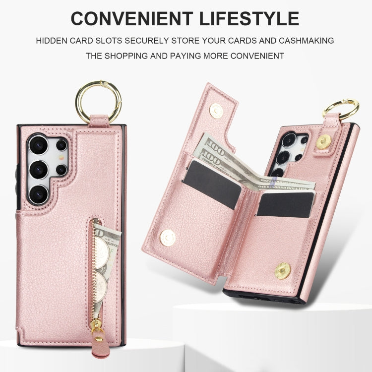 For Samsung Galaxy S24 Ultra 5G Litchi Texture Zipper Double Buckle Card Bag Phone Case(Rose Gold)
