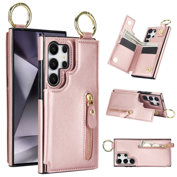For Samsung Galaxy S24 Ultra 5G Litchi Texture Zipper Double Buckle Card Bag Phone Case(Rose Gold)