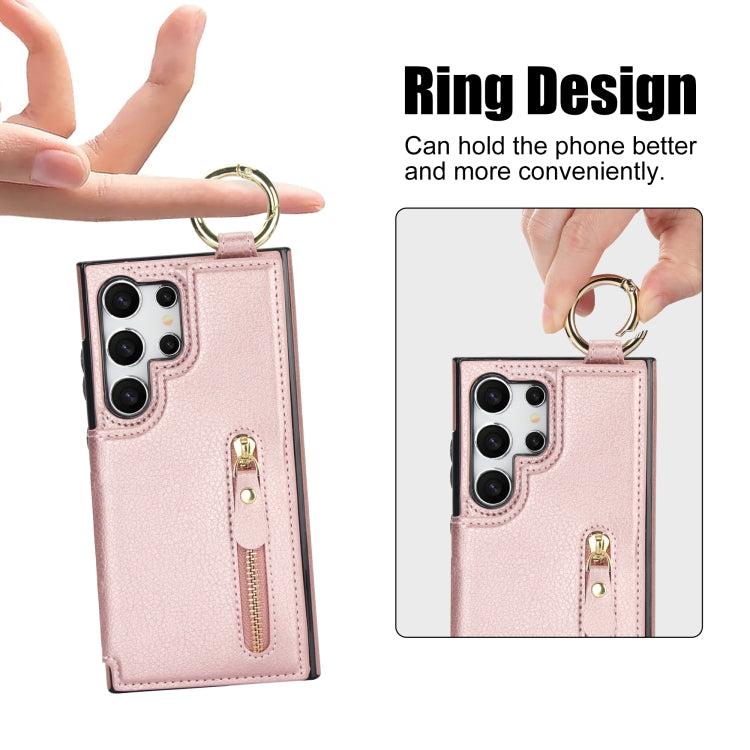 For Samsung Galaxy S24 Ultra 5G Litchi Texture Zipper Double Buckle Card Bag Phone Case(Rose Gold)
