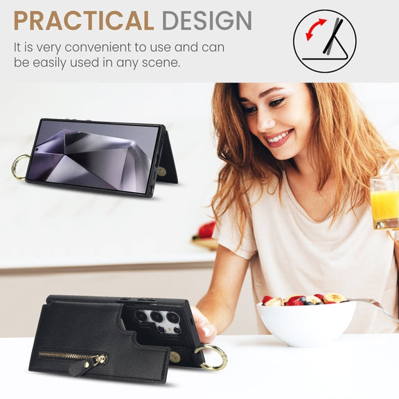 For Samsung Galaxy S24 Ultra 5G Litchi Texture Zipper Double Buckle Card Bag Phone Case(Black)
