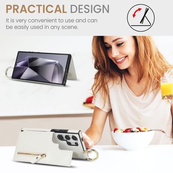 For Samsung Galaxy S24 Ultra 5G Litchi Texture Zipper Double Buckle Card Bag Phone Case(White)