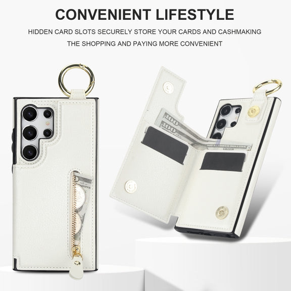 For Samsung Galaxy S24 Ultra 5G Litchi Texture Zipper Double Buckle Card Bag Phone Case(White)