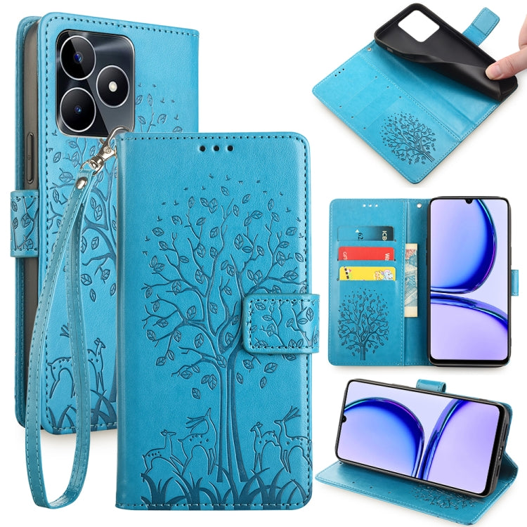 For Realme C53 4G / Narzo N53 4G Tree & Deer Embossed Leather Phone Case(Blue) - Realme Cases by PMC TechLife | Online Shopping South Africa | PMC TechLife | Buy Now Pay Later Mobicred