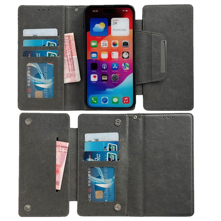 For iPhone 16 Multifunctional 7-Cards Wallet Leather Phone Case(Grey) - iPhone 16 Cases by PMC Jewellery | Online Shopping South Africa | PMC Jewellery | Buy Now Pay Later Mobicred