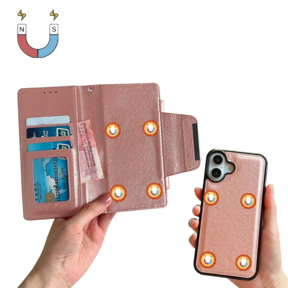 For iPhone 16 Multifunctional 7-Cards Wallet Leather Phone Case(Rose Gold)