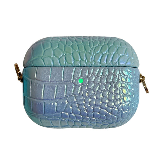 For AirPods Pro Colorful Crocodile Pattern PC Earphone Case with Anti-lost Metal Long Chain(Light Blue)