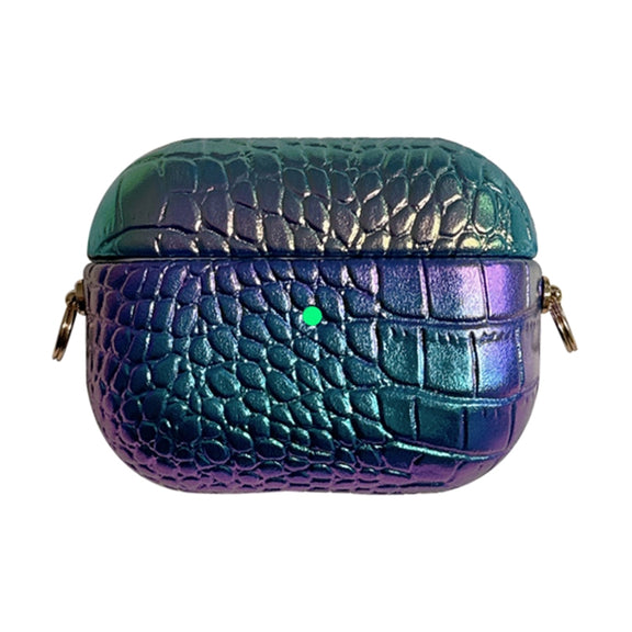 For AirPods Pro 2 Colorful Crocodile Pattern PC Earphone Case with Anti-lost Metal Long Chain(Dark Blue)