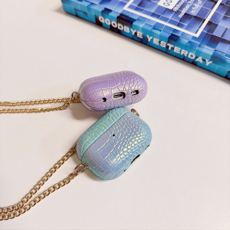 For AirPods Pro Colorful Crocodile Pattern PC Earphone Case with Anti-lost Metal Long Chain(Dark Blue)
