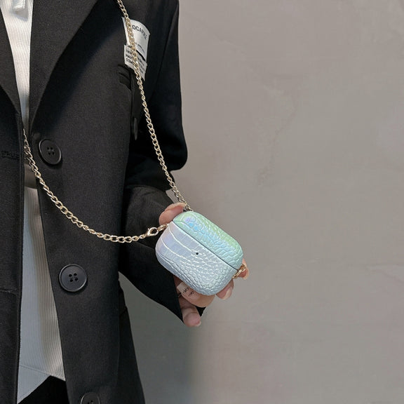 For AirPods Pro 2 Colorful Crocodile Pattern PC Earphone Case with Anti-lost Metal Long Chain(Light Blue)