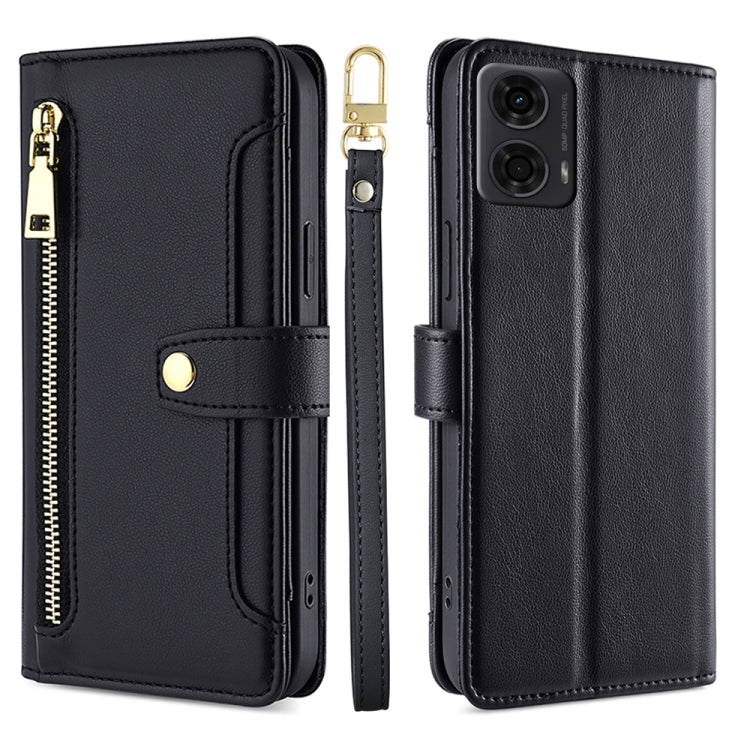 For Motorola Moto G24 4G Sheep Texture Cross-body Zipper Wallet Leather Phone Case(Black) - Motorola Cases by PMC TechLife | Online Shopping South Africa | PMC TechLife | Buy Now Pay Later Mobicred