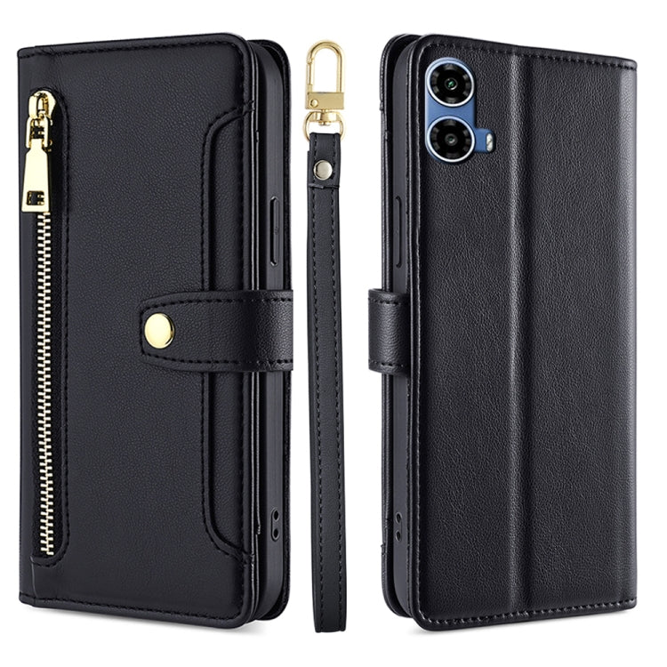 For Motorola Moto G34 5G Sheep Texture Cross-body Zipper Wallet Leather Phone Case(Black) - Motorola Cases by PMC TechLife | Online Shopping South Africa | PMC TechLife | Buy Now Pay Later Mobicred