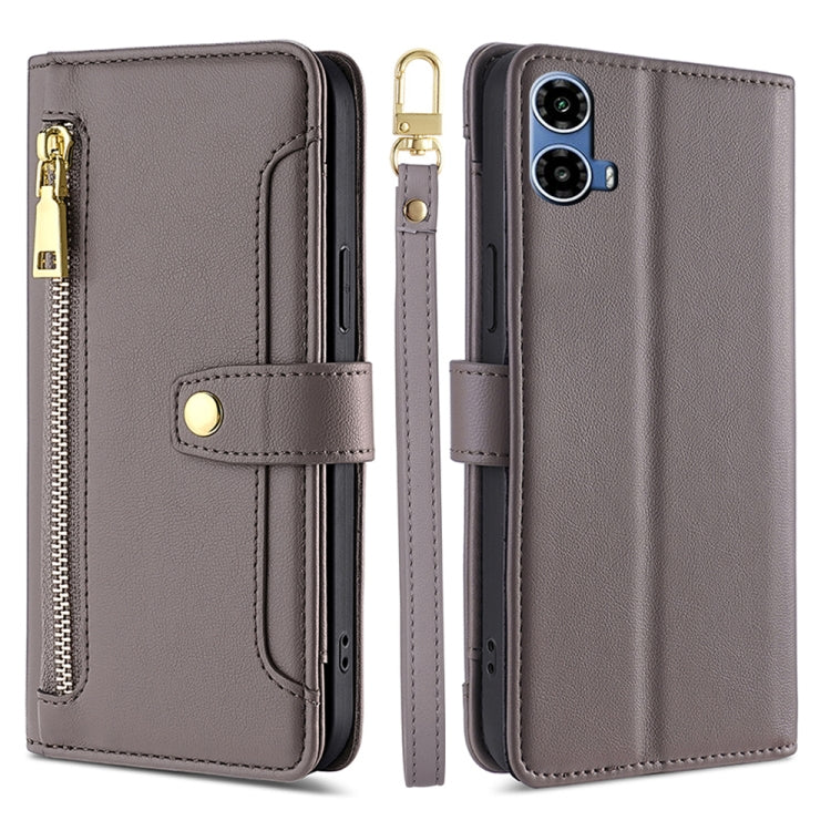 For Motorola Moto G34 5G Sheep Texture Cross-body Zipper Wallet Leather Phone Case(Grey) - Motorola Cases by PMC TechLife | Online Shopping South Africa | PMC TechLife | Buy Now Pay Later Mobicred
