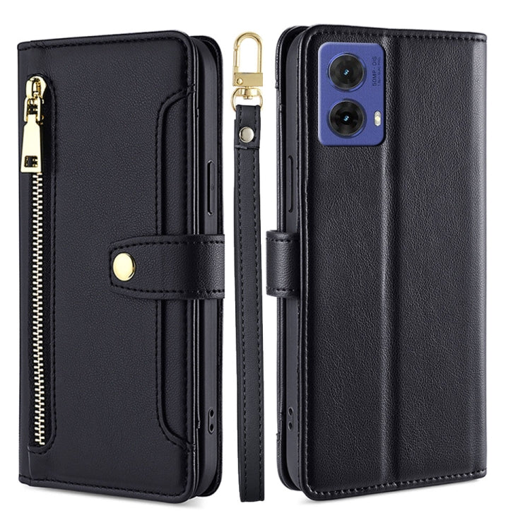 For Motorola Moto G85 5G Sheep Texture Cross-body Zipper Wallet Leather Phone Case(Black) - Motorola Cases by PMC TechLife | Online Shopping South Africa | PMC TechLife | Buy Now Pay Later Mobicred