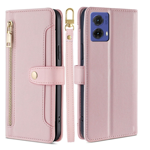 For Motorola Moto G85 5G Sheep Texture Cross-body Zipper Wallet Leather Phone Case(Pink)