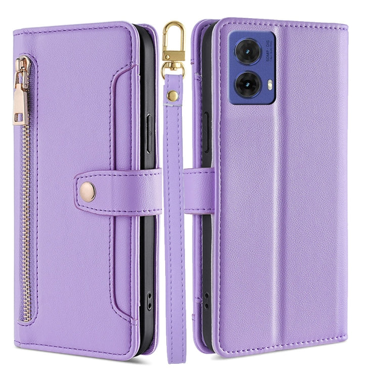 For Motorola Moto G85 5G Sheep Texture Cross-body Zipper Wallet Leather Phone Case(Purple) - Motorola Cases by PMC TechLife | Online Shopping South Africa | PMC TechLife | Buy Now Pay Later Mobicred