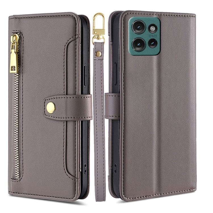 For Motorola Edge 50 5G Sheep Texture Cross-body Zipper Wallet Leather Phone Case(Grey) - Motorola Cases by PMC TechLife | Online Shopping South Africa | PMC TechLife | Buy Now Pay Later Mobicred