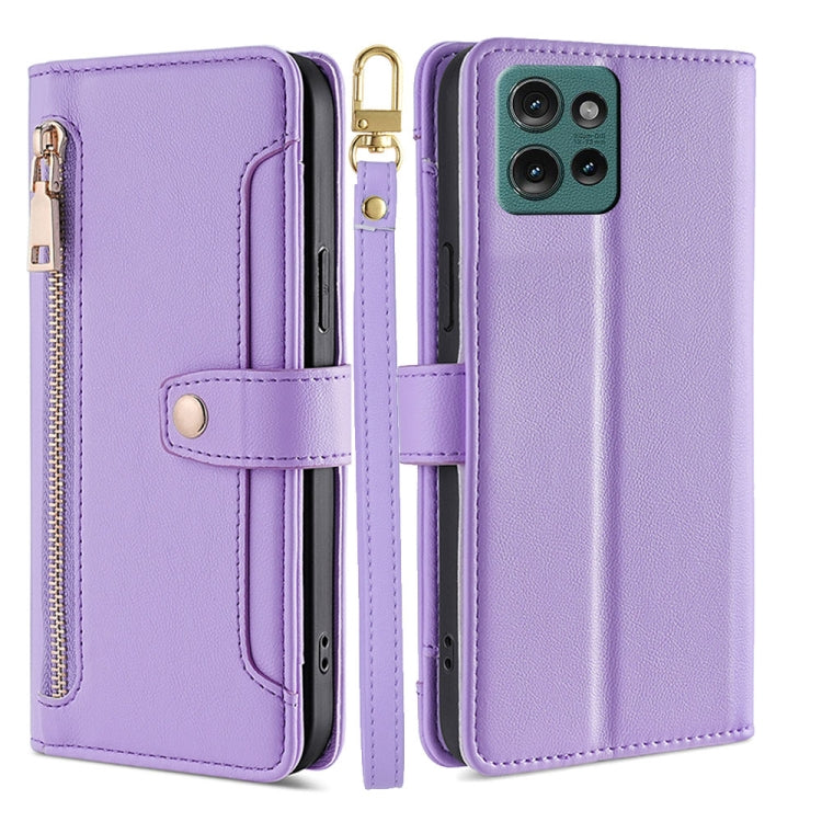 For Motorola Edge 50 5G Sheep Texture Cross-body Zipper Wallet Leather Phone Case(Purple) - Motorola Cases by PMC TechLife | Online Shopping South Africa | PMC TechLife | Buy Now Pay Later Mobicred