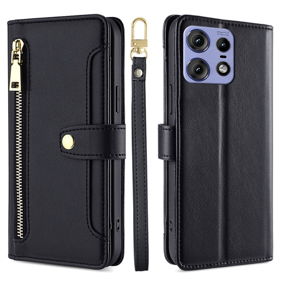 For Motorola Edge 50 Pro 5G Sheep Texture Cross-body Zipper Wallet Leather Phone Case(Black)