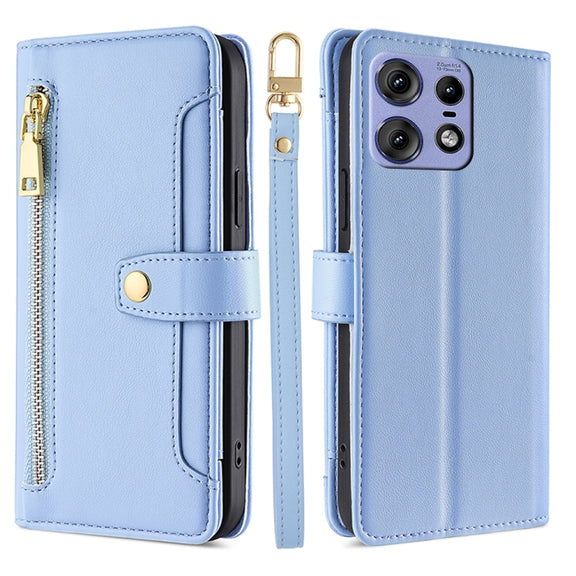 For Motorola Edge 50 Pro 5G Sheep Texture Cross-body Zipper Wallet Leather Phone Case(Blue)