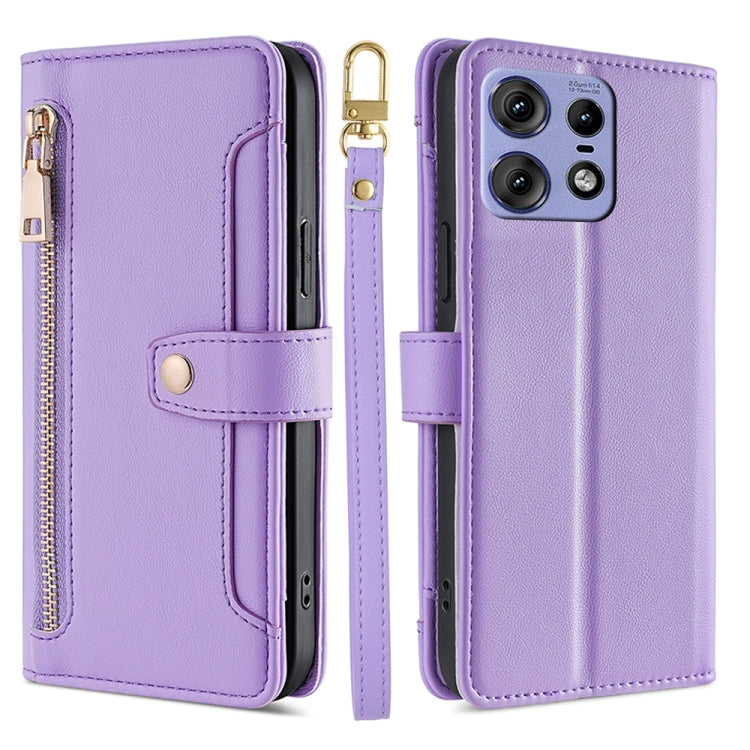 For Motorola Edge 50 Pro 5G Sheep Texture Cross-body Zipper Wallet Leather Phone Case(Purple) - Motorola Cases by PMC TechLife | Online Shopping South Africa | PMC TechLife | Buy Now Pay Later Mobicred