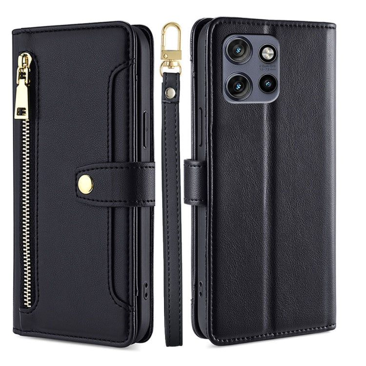 For Motorola Edge 50 Neo 5G Sheep Texture Cross-body Zipper Wallet Leather Phone Case(Black) - Motorola Cases by PMC TechLife | Online Shopping South Africa | PMC TechLife | Buy Now Pay Later Mobicred