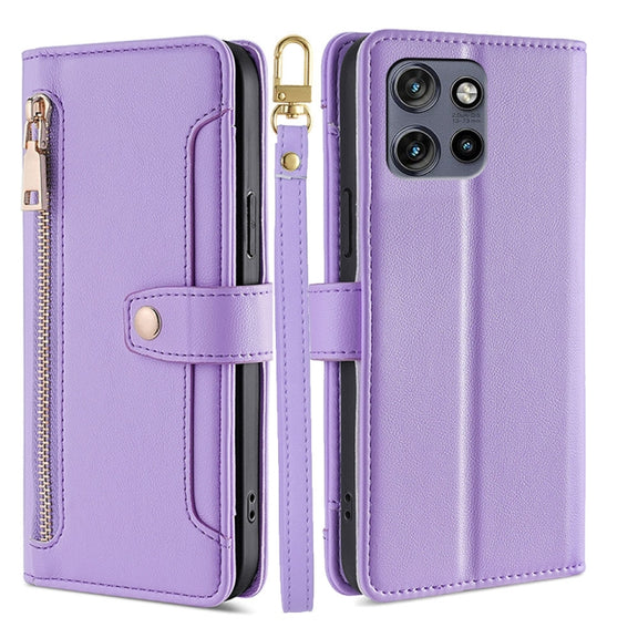 For Motorola Edge 50 Neo 5G Sheep Texture Cross-body Zipper Wallet Leather Phone Case(Purple)