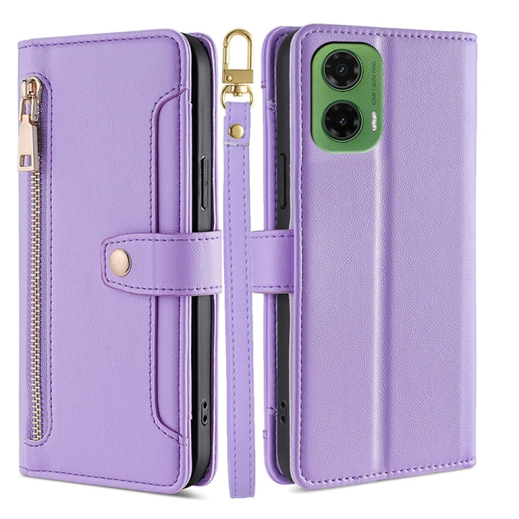 For Motorola Moto G35 5G Sheep Texture Cross-body Zipper Wallet Leather Phone Case(Purple) - Motorola Cases by PMC TechLife | Online Shopping South Africa | PMC TechLife | Buy Now Pay Later Mobicred
