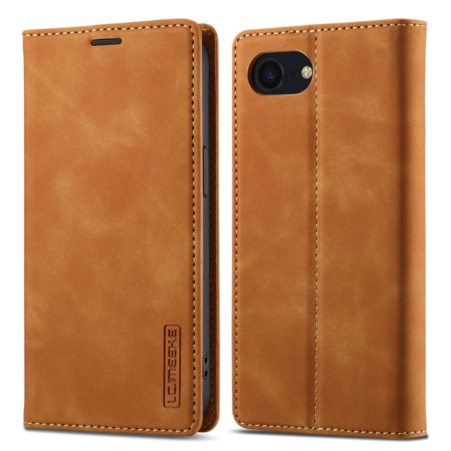For iPhone 16e LC.IMEEKE Strong Magnetism Microfiber Leather Phone Case(Brown)