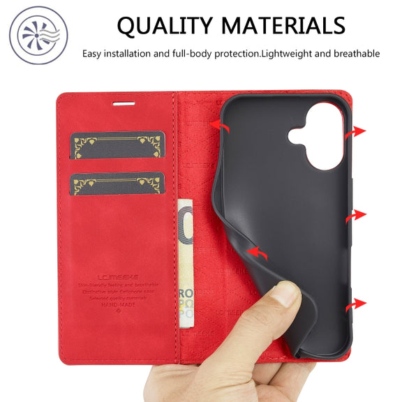For iPhone 16 LC.IMEEKE Strong Magnetism Microfiber Leather Phone Case(Red)