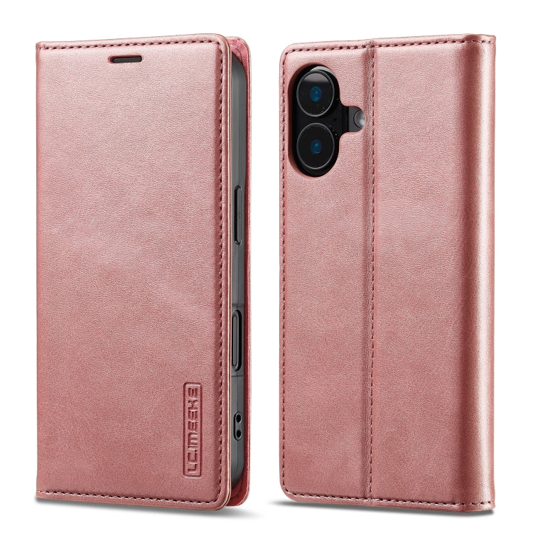 For iPhone 16 LC.IMEEKE Strong Magnetism Microfiber Leather Phone Case(Rose Gold)
