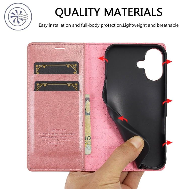 For iPhone 16 LC.IMEEKE Strong Magnetism Microfiber Leather Phone Case(Rose Gold)