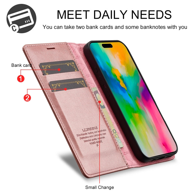 For iPhone 16 LC.IMEEKE Strong Magnetism Microfiber Leather Phone Case(Rose Gold)