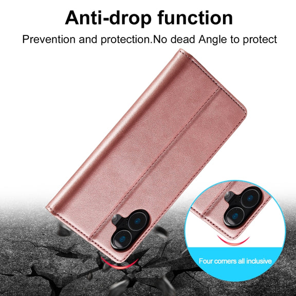 For iPhone 16 LC.IMEEKE Strong Magnetism Microfiber Leather Phone Case(Rose Gold)