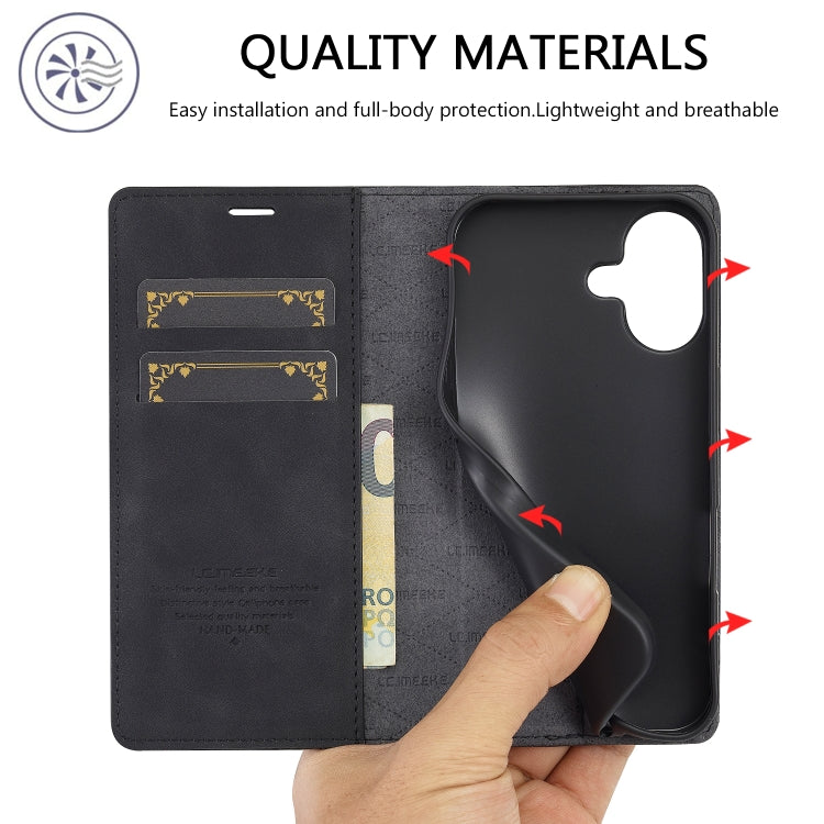 For iPhone 16 Plus LC.IMEEKE Strong Magnetism Microfiber Leather Phone Case(Black)
