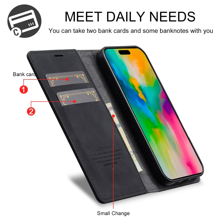 For iPhone 16 Plus LC.IMEEKE Strong Magnetism Microfiber Leather Phone Case(Black)