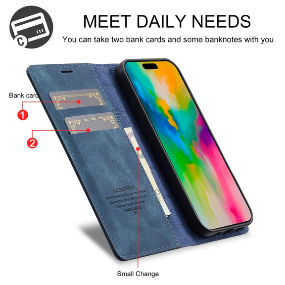 For iPhone 16 Plus LC.IMEEKE Strong Magnetism Microfiber Leather Phone Case(Blue)