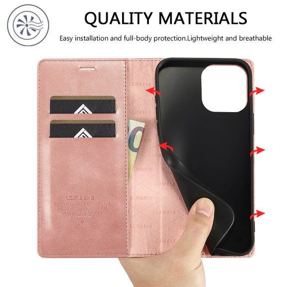 For iPhone 16 Pro LC.IMEEKE Strong Magnetism Microfiber Leather Phone Case(Rose Gold)