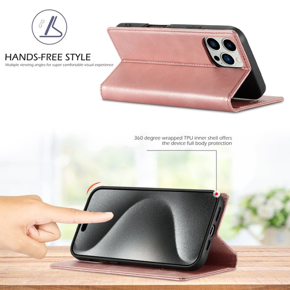 For iPhone 16 Pro LC.IMEEKE Strong Magnetism Microfiber Leather Phone Case(Rose Gold)