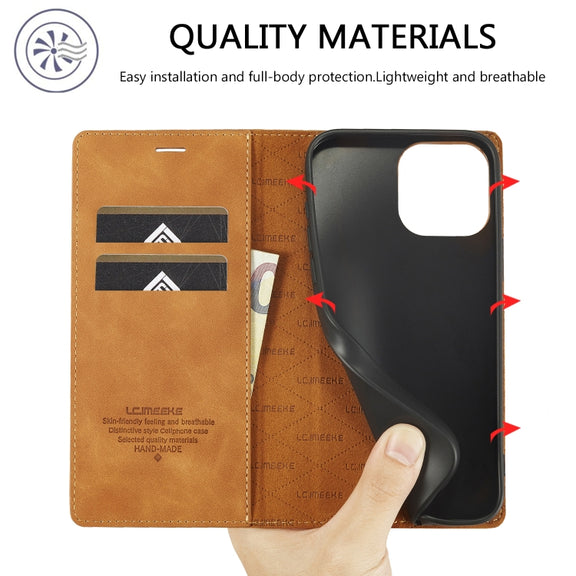 For iPhone 16 Pro LC.IMEEKE Strong Magnetism Microfiber Leather Phone Case(Brown)