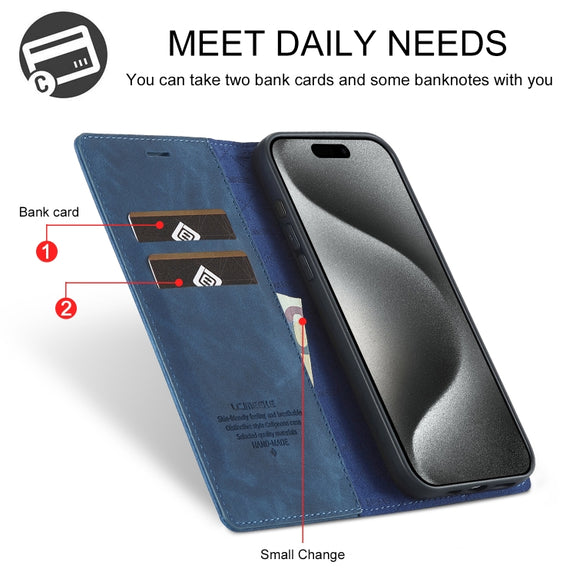 For iPhone 16 Pro Max LC.IMEEKE Strong Magnetism Microfiber Leather Phone Case(Blue)